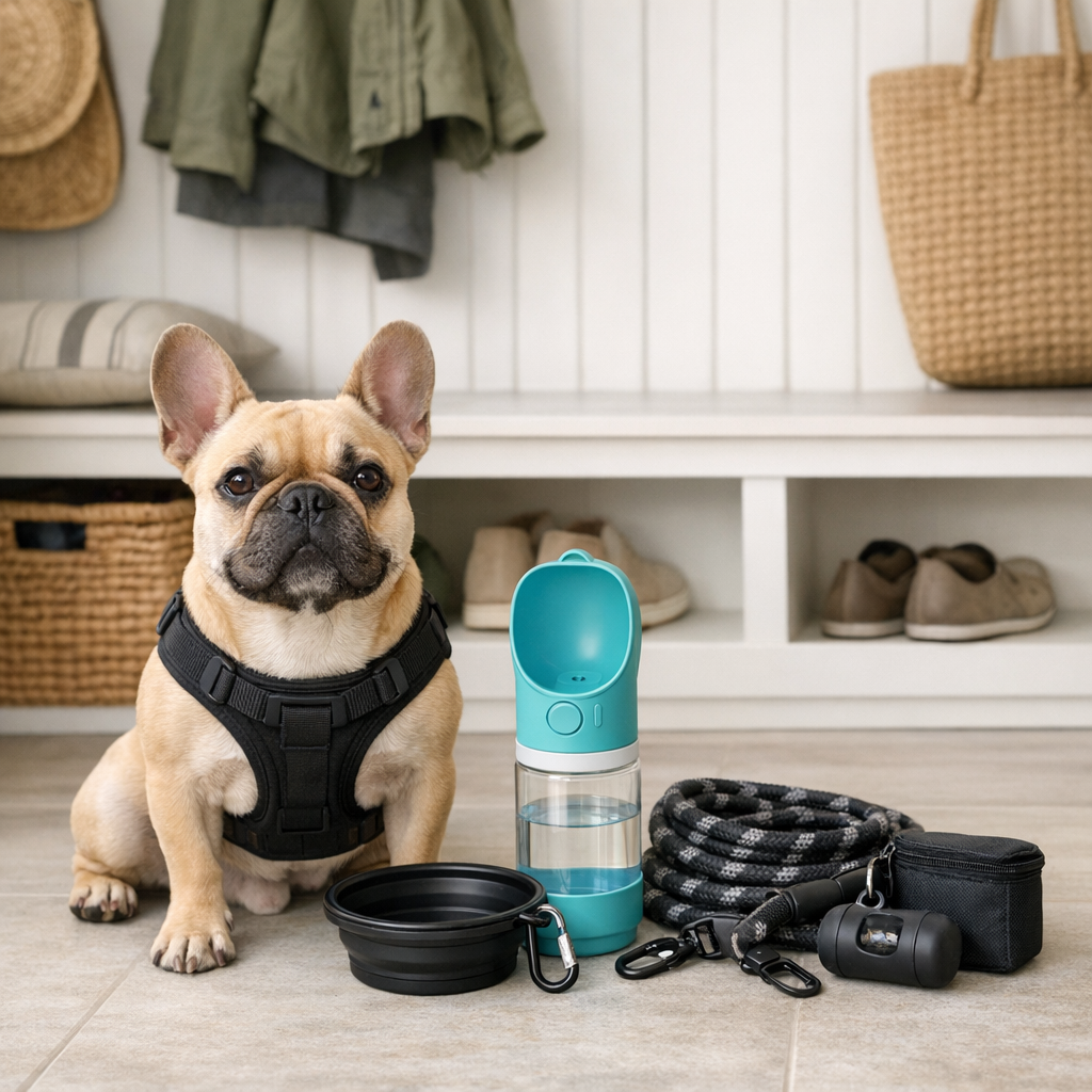 french bulldog with dog travel accessories in a mudroom cover image