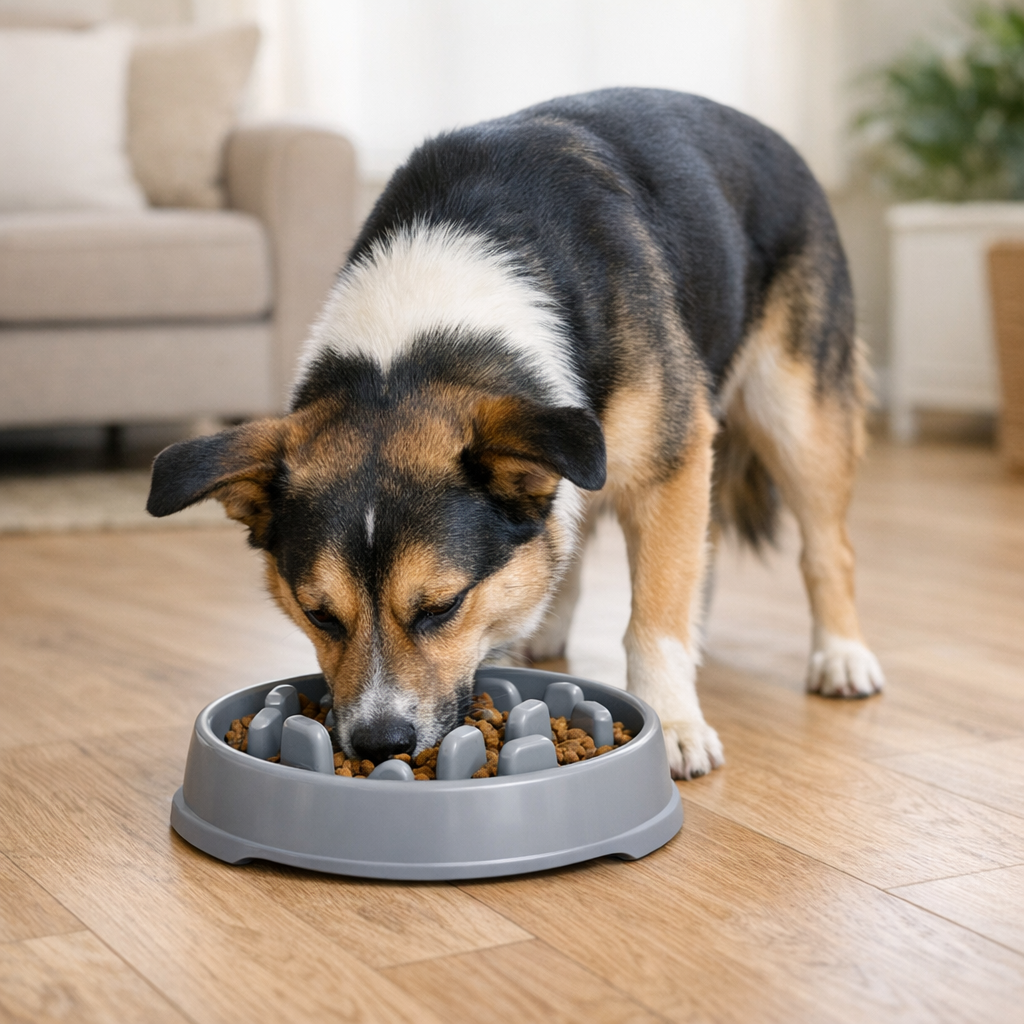 best slow feeder bowl for dogs cover image with a dog eating calmly