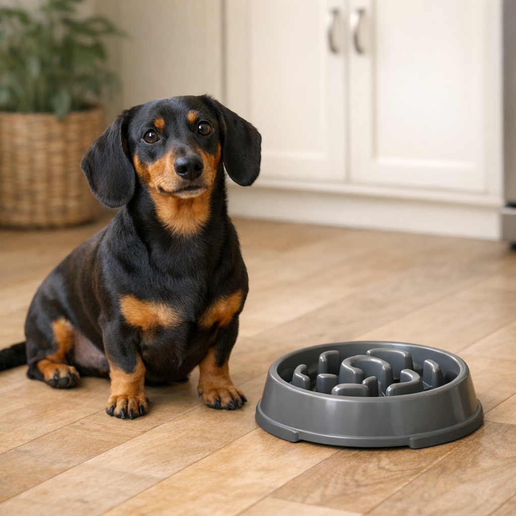 dachshund calm during mealtime with a slow feeder bowl cover image