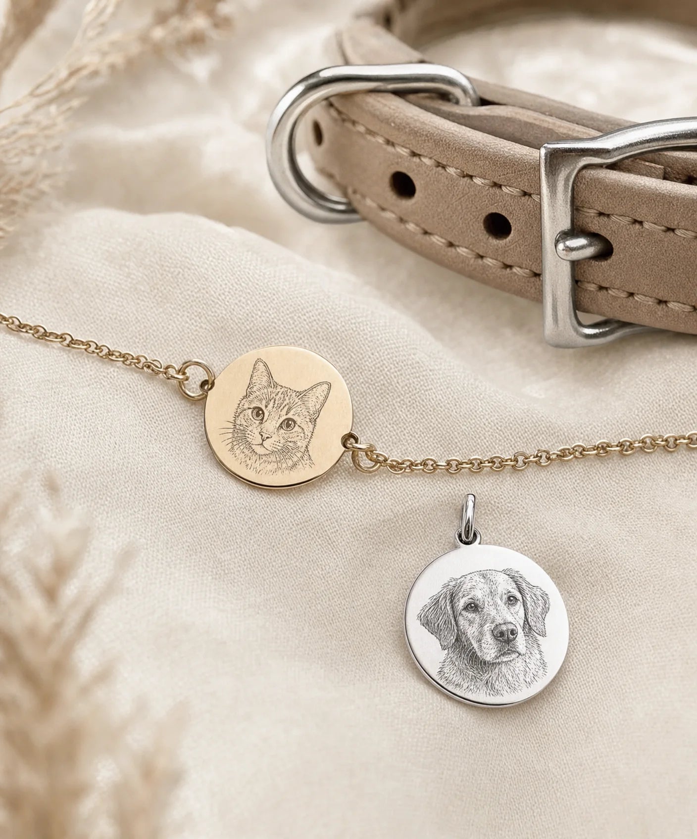 Close-up of a personalized engraved pet necklace