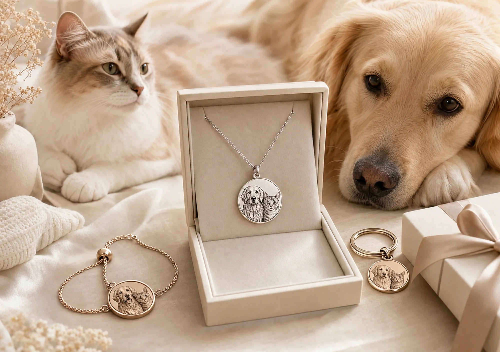 Premium personalized pet keepsake jewelry gift in warm natural light