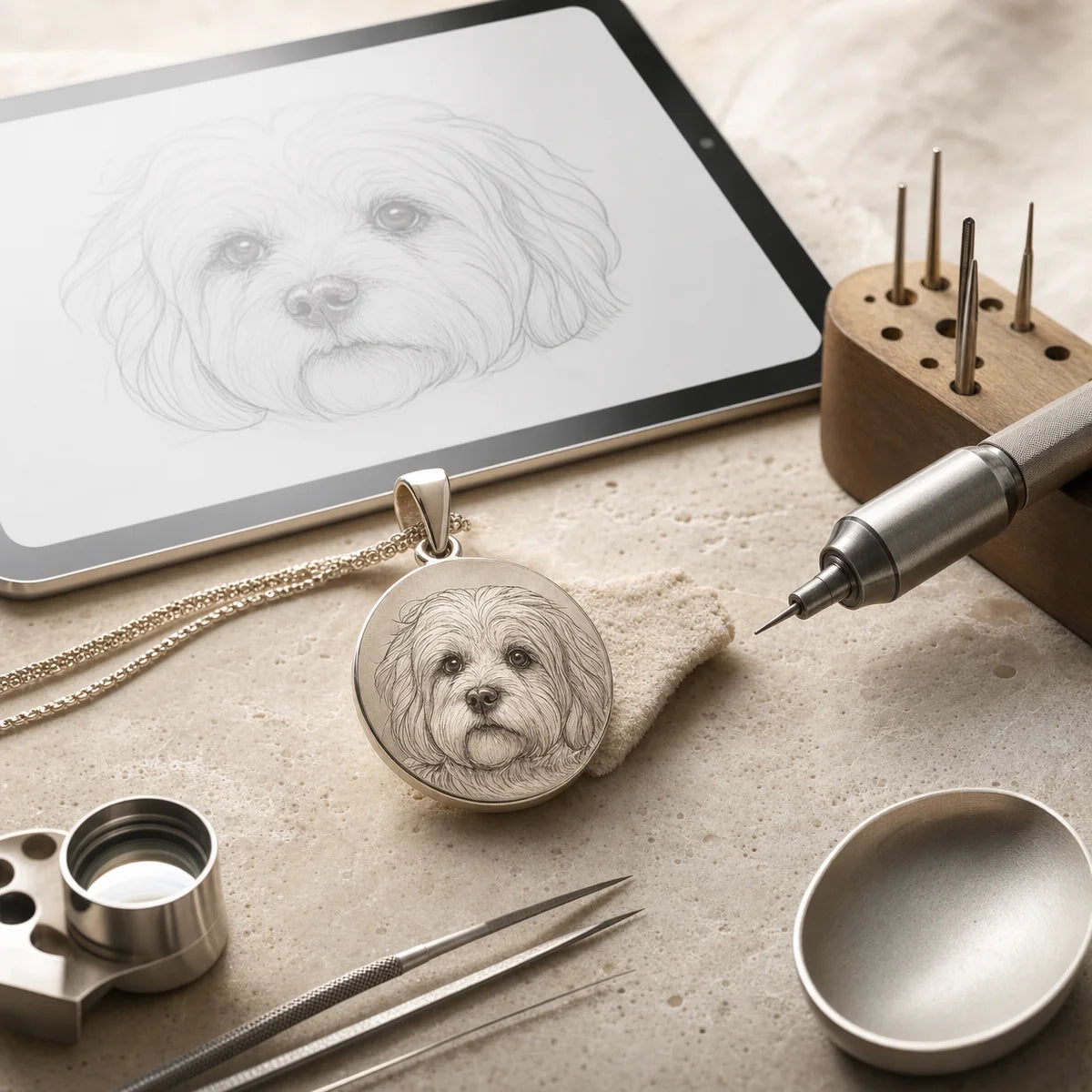 Pet portrait engraving design process with jewelry tools