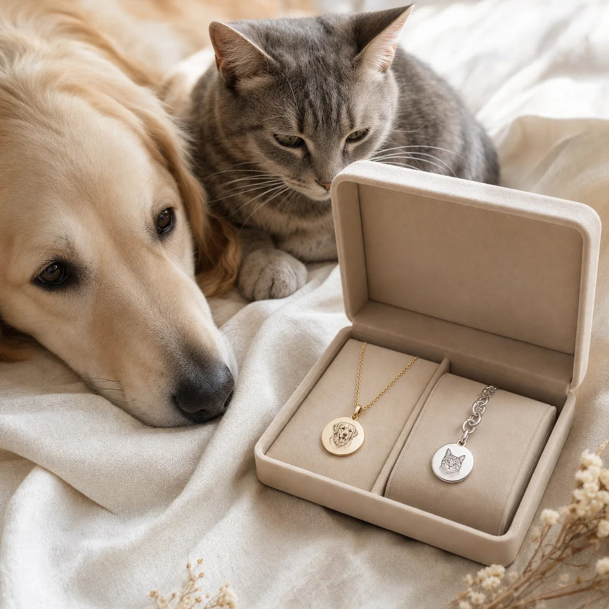 Finished personalized pet jewelry keepsake in a gift box