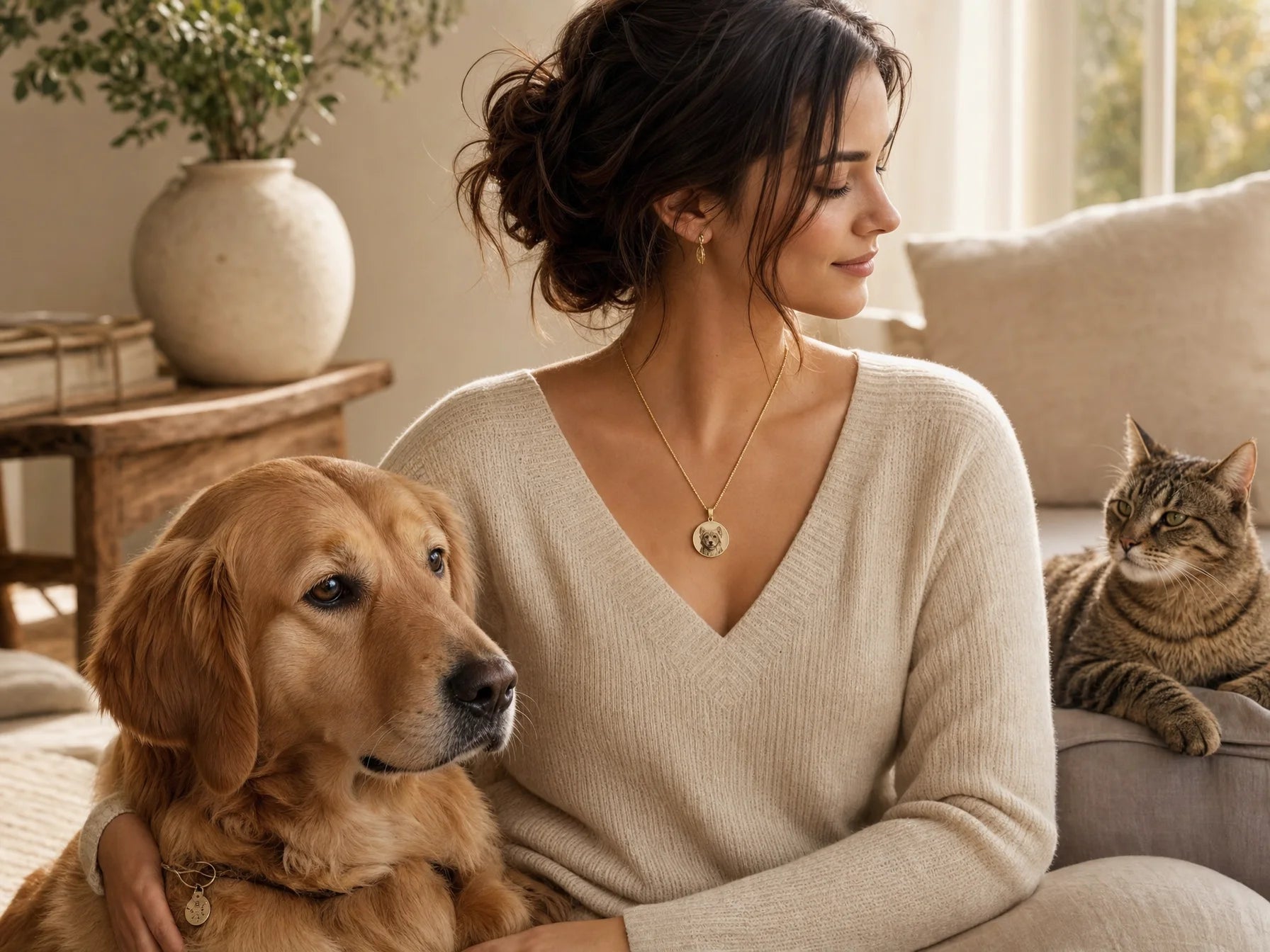 Pet resting beside its owner in soft natural light