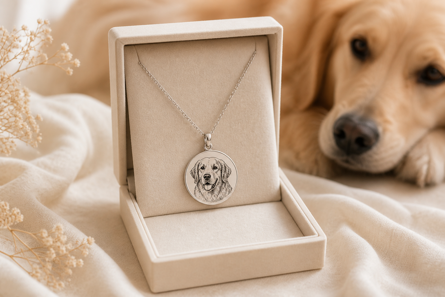 Premium personalized pet keepsake jewelry gift in warm natural light