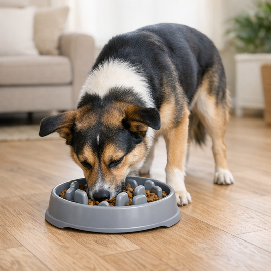 best slow feeder bowl for dogs cover image with a dog eating calmly