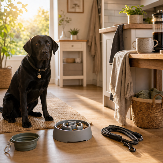 calm morning routine for a fast eating dog with slow feeder