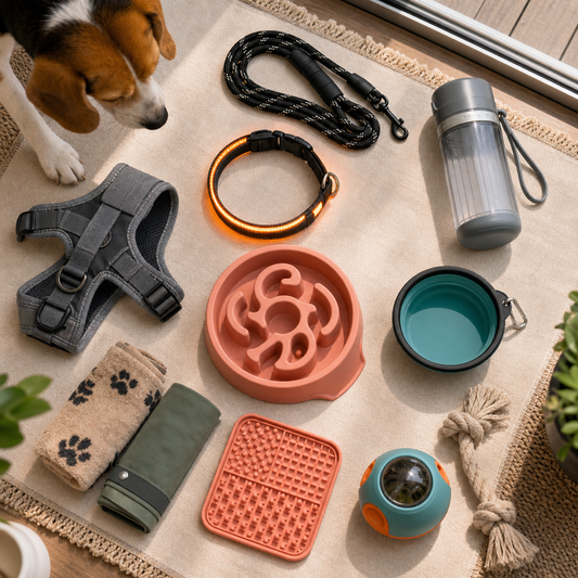 dog starter kit for walks meals travel and indoor play flat lay