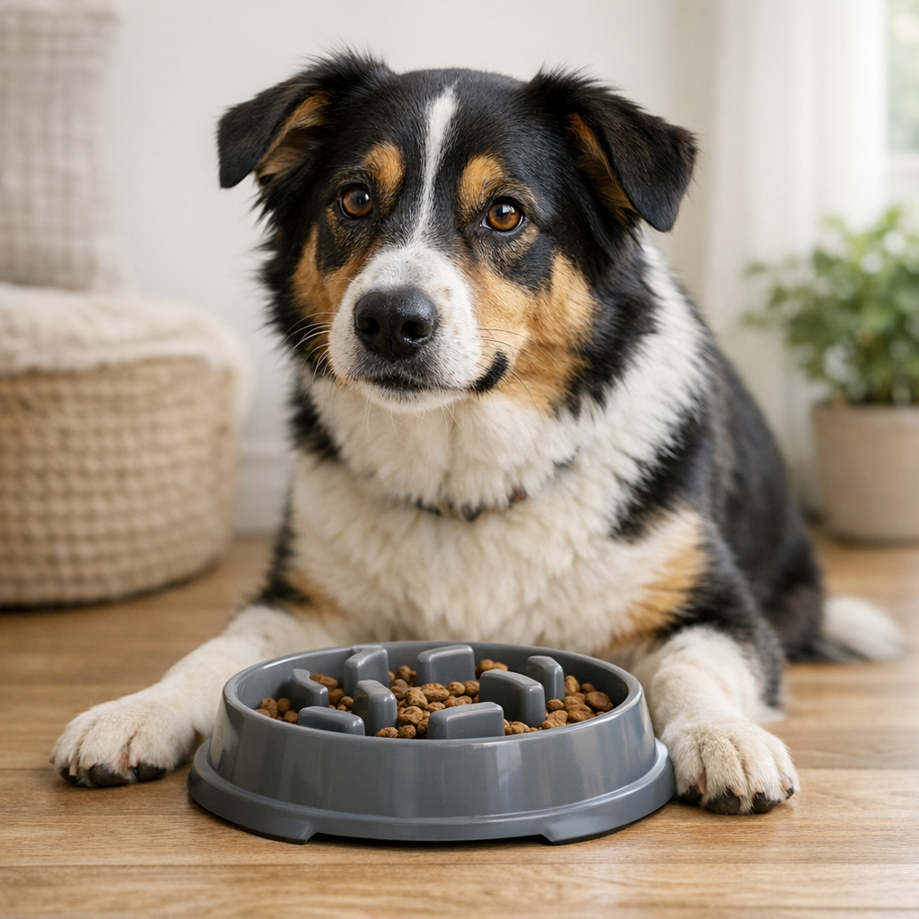 how to stop fast eating in dogs cover image with a calm mealtime scene