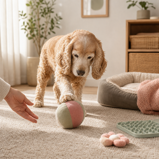 senior dog staying active indoors with gentle play