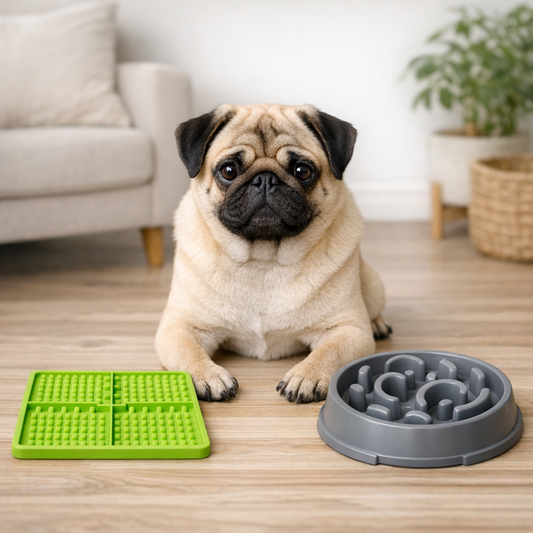 pug with a lick mat and slow feeder bowl for dogs cover image