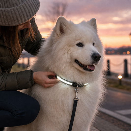 LED collar for thick coated dog at dusk