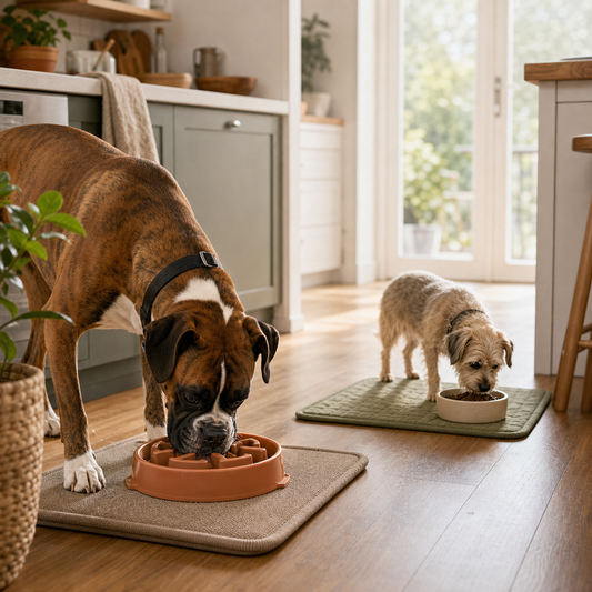 feeding tips for mixed household where one dog eats fast