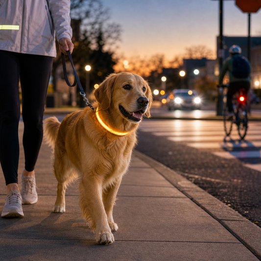dog walking essentials for safer evening walks with LED collar