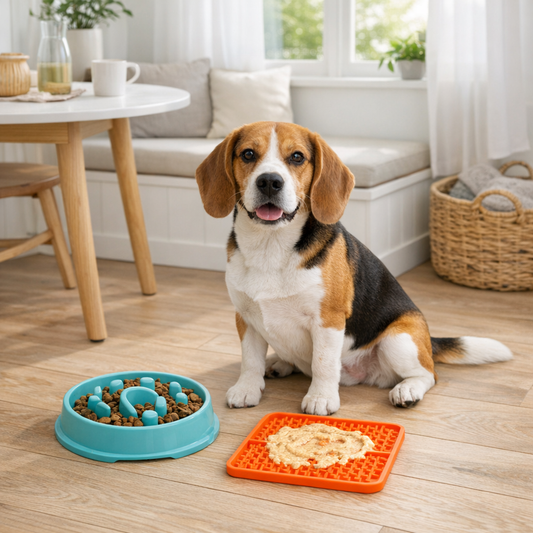 beagle with feeding accessories for calmer mealtimes cover image