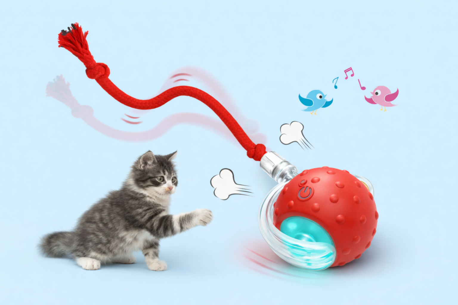 automatic ball toy for indoor cat play with motion and rope tail on a blue background