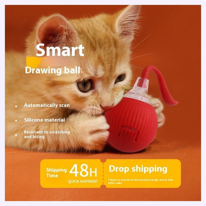 automatic pet ball toy in red and grey from a side product view