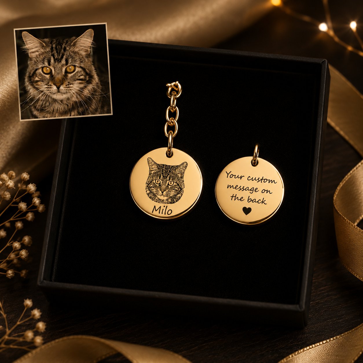 Cat Portrait Keychain custom pet accessory detail view 4
