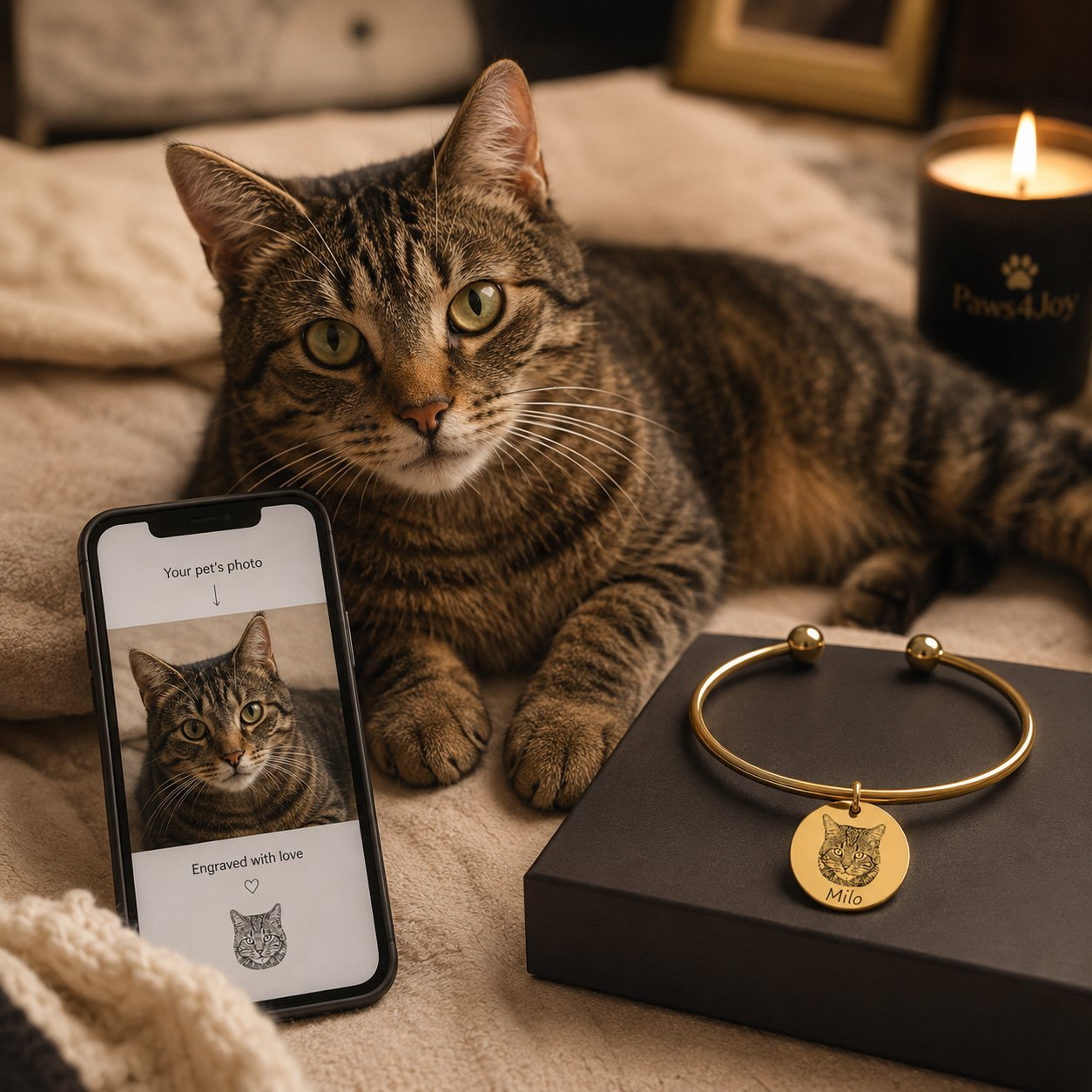 Custom Cat Portrait Bangle personalized pet keepsake detail view 2