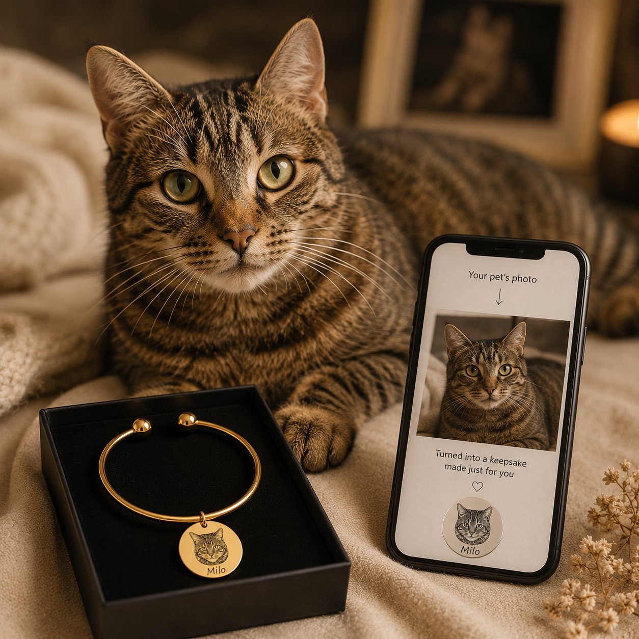 Custom Cat Portrait Bangle personalized pet keepsake detail view 3