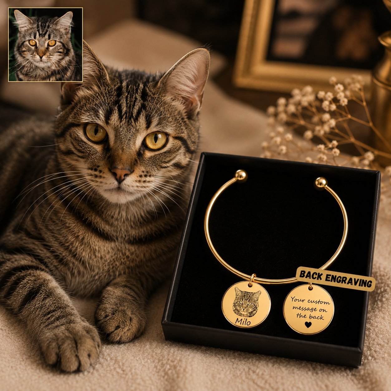 Custom Cat Portrait Bangle personalized pet keepsake detail view 8