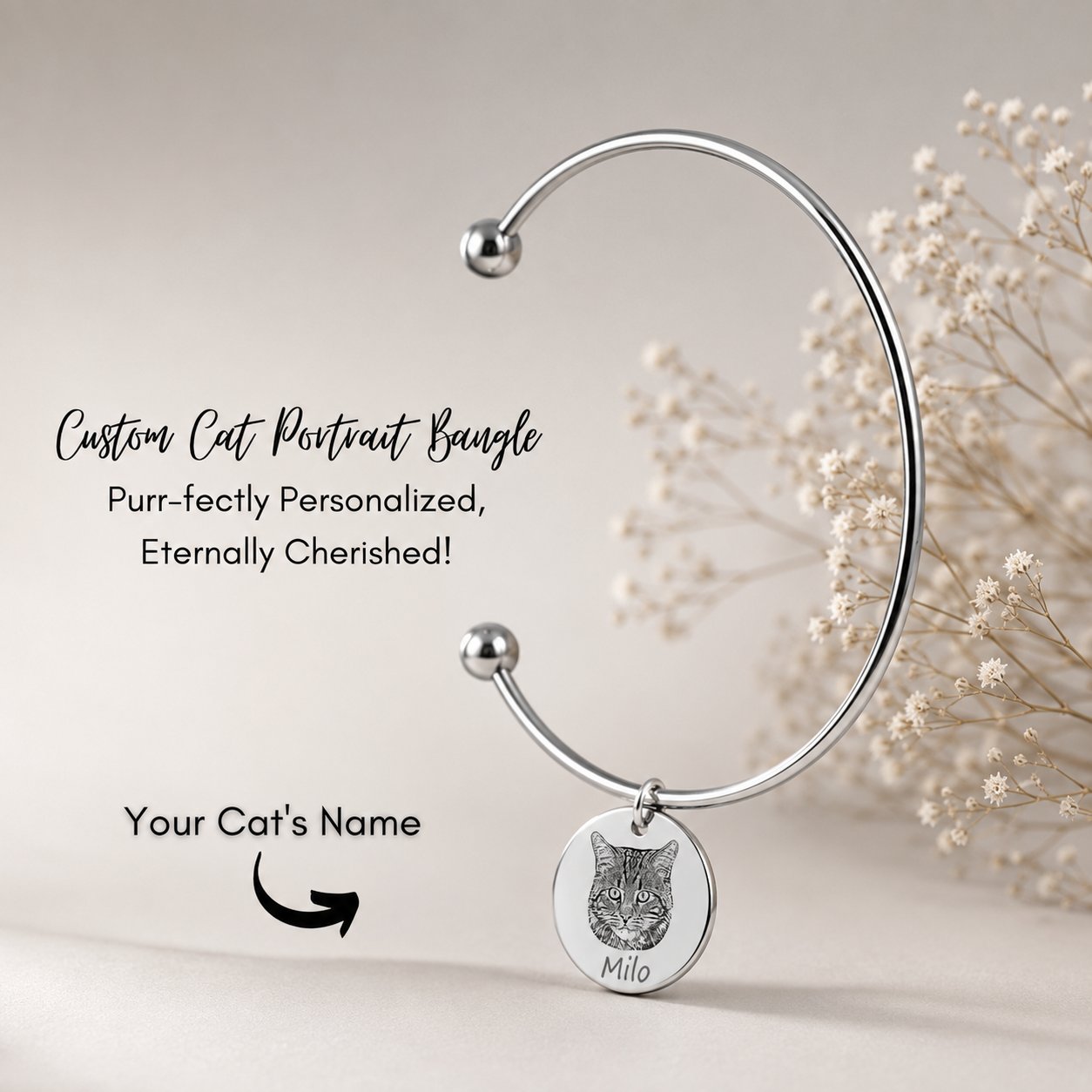 Custom Cat Portrait Bangle personalized pet keepsake detail view 11
