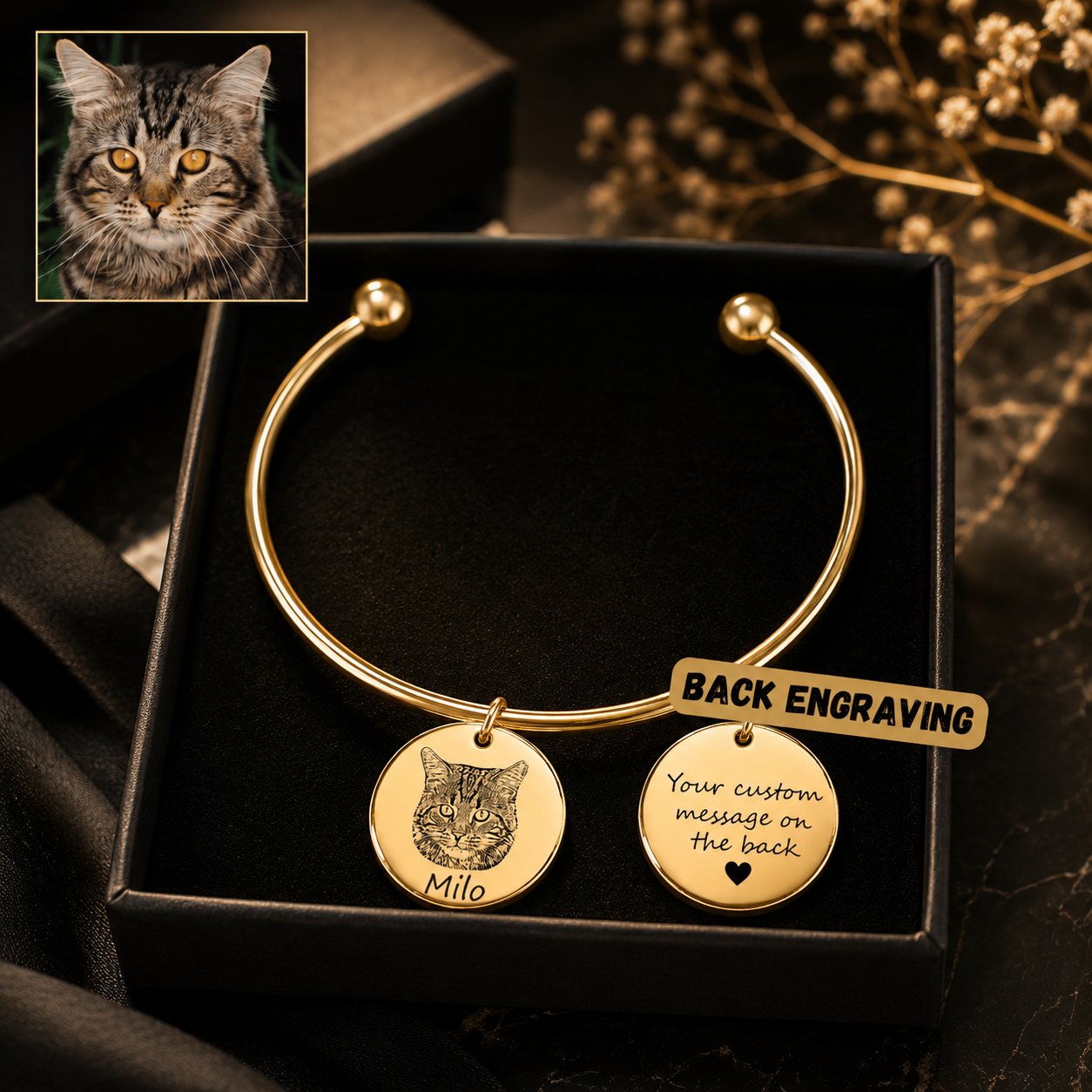 Custom Cat Portrait Bangle personalized pet keepsake detail view 14