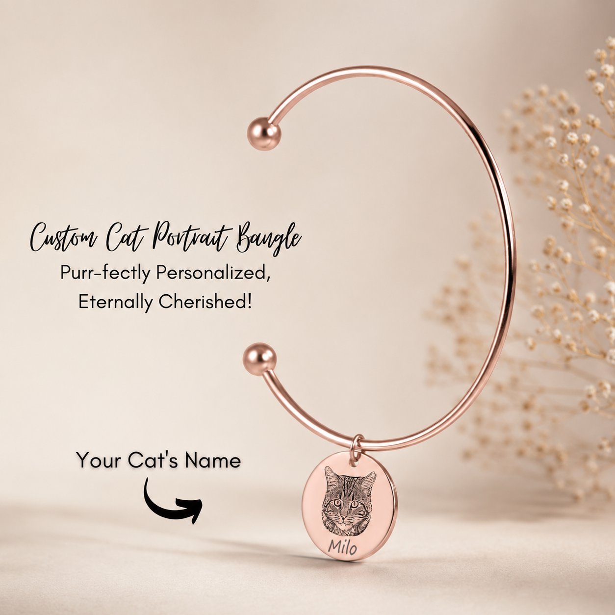 Custom Cat Portrait Bangle personalized pet keepsake detail view 15