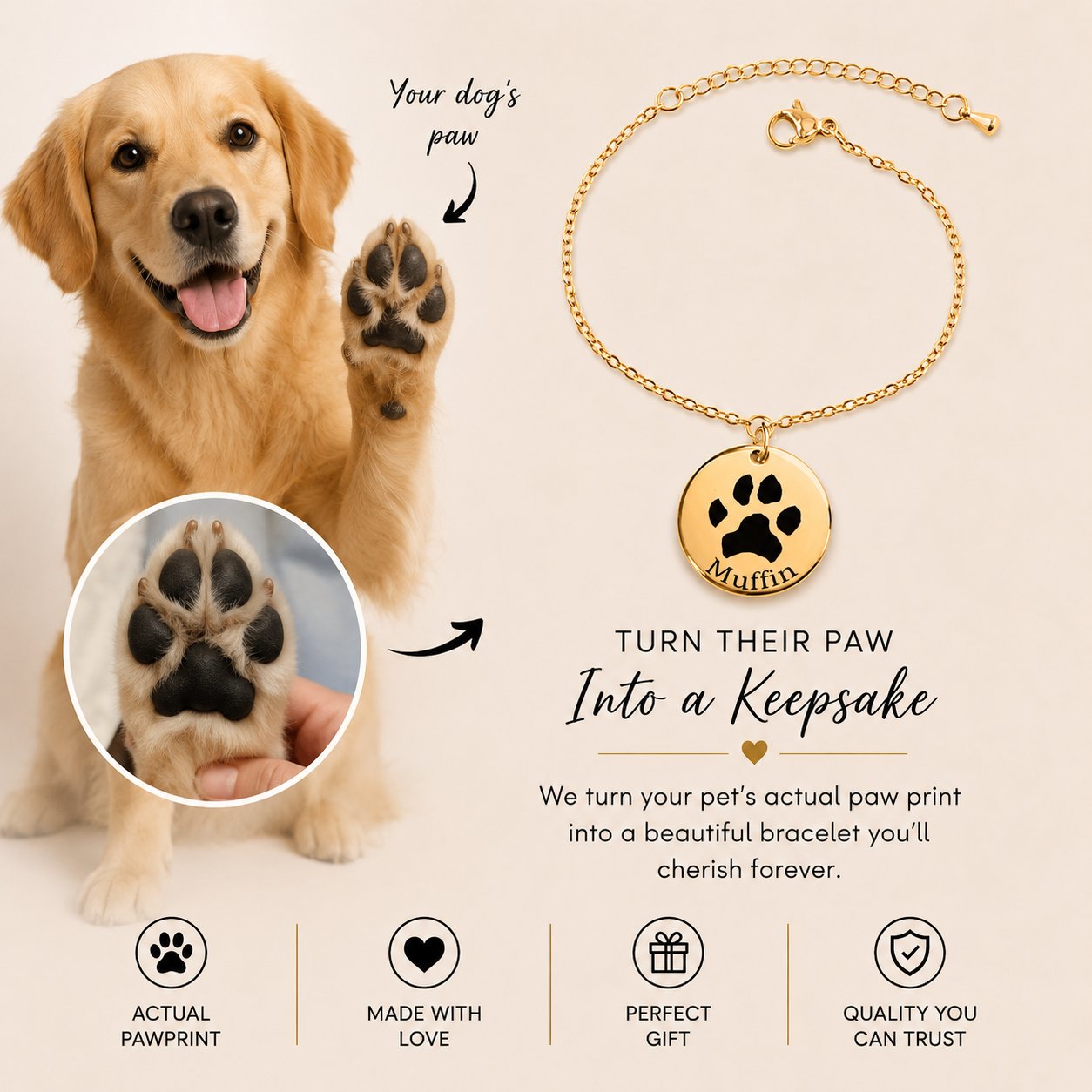 Custom Pawprint Bracelet personalized pet keepsake detail view 3