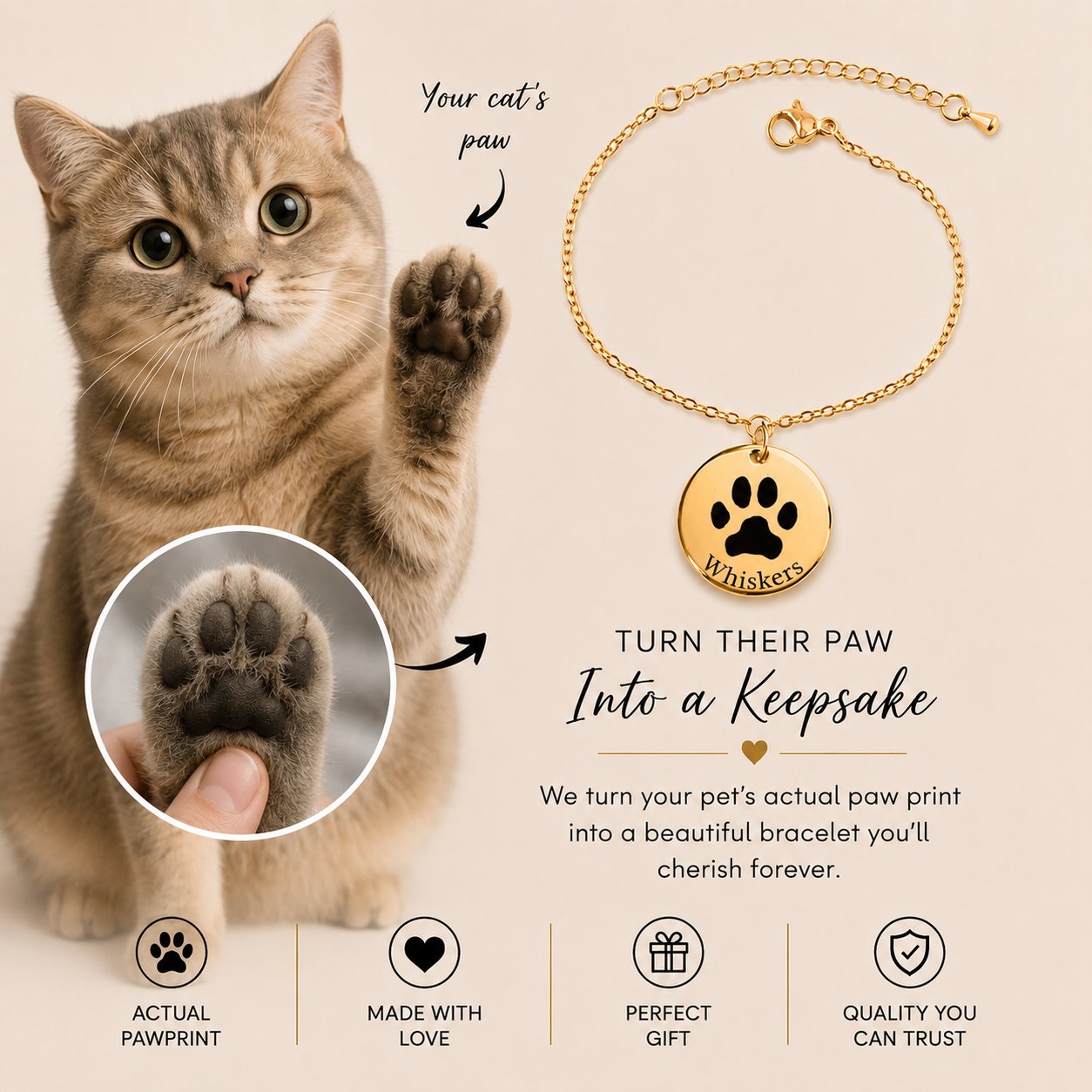 Custom Pawprint Bracelet personalized pet keepsake detail view 8
