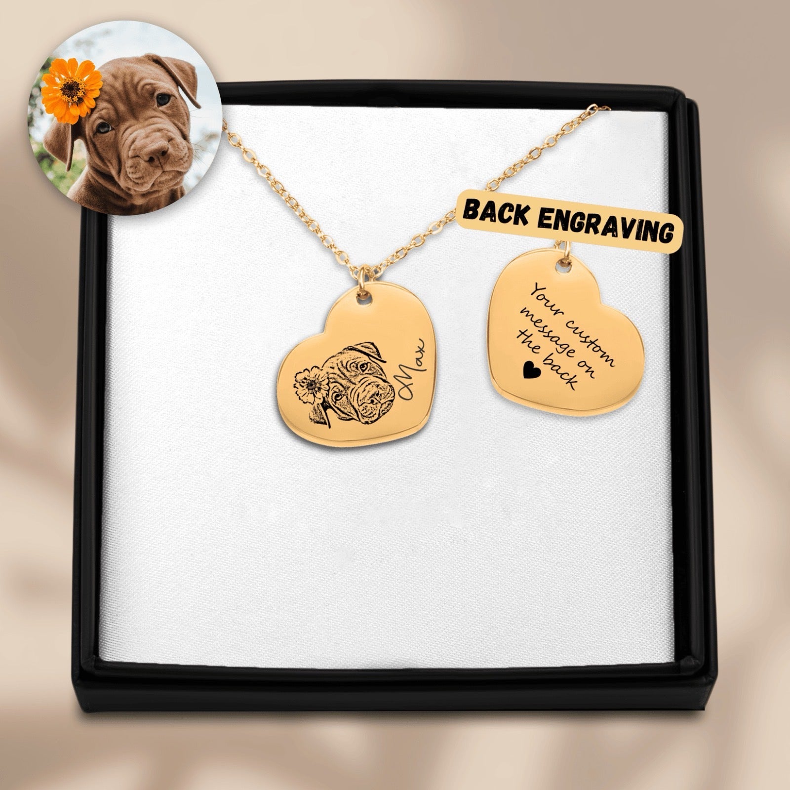 Custom pet photo heart necklace with optional back engraving | Paws-4-Joy