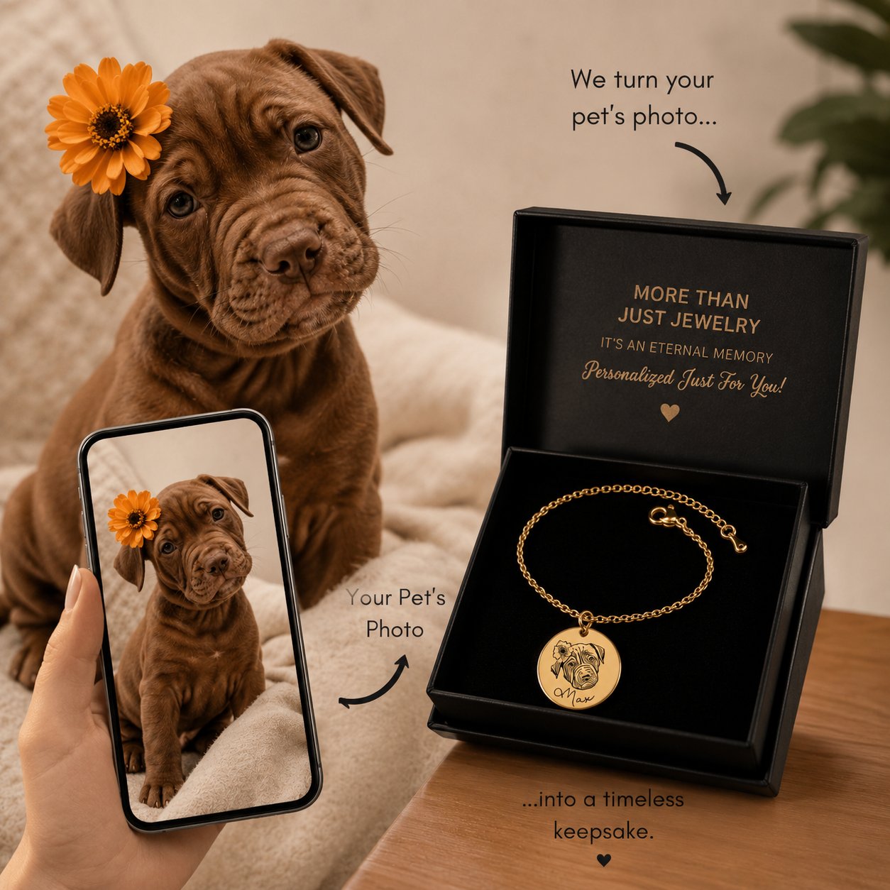 Dog Portrait Bracelet personalized pet keepsake detail view 4