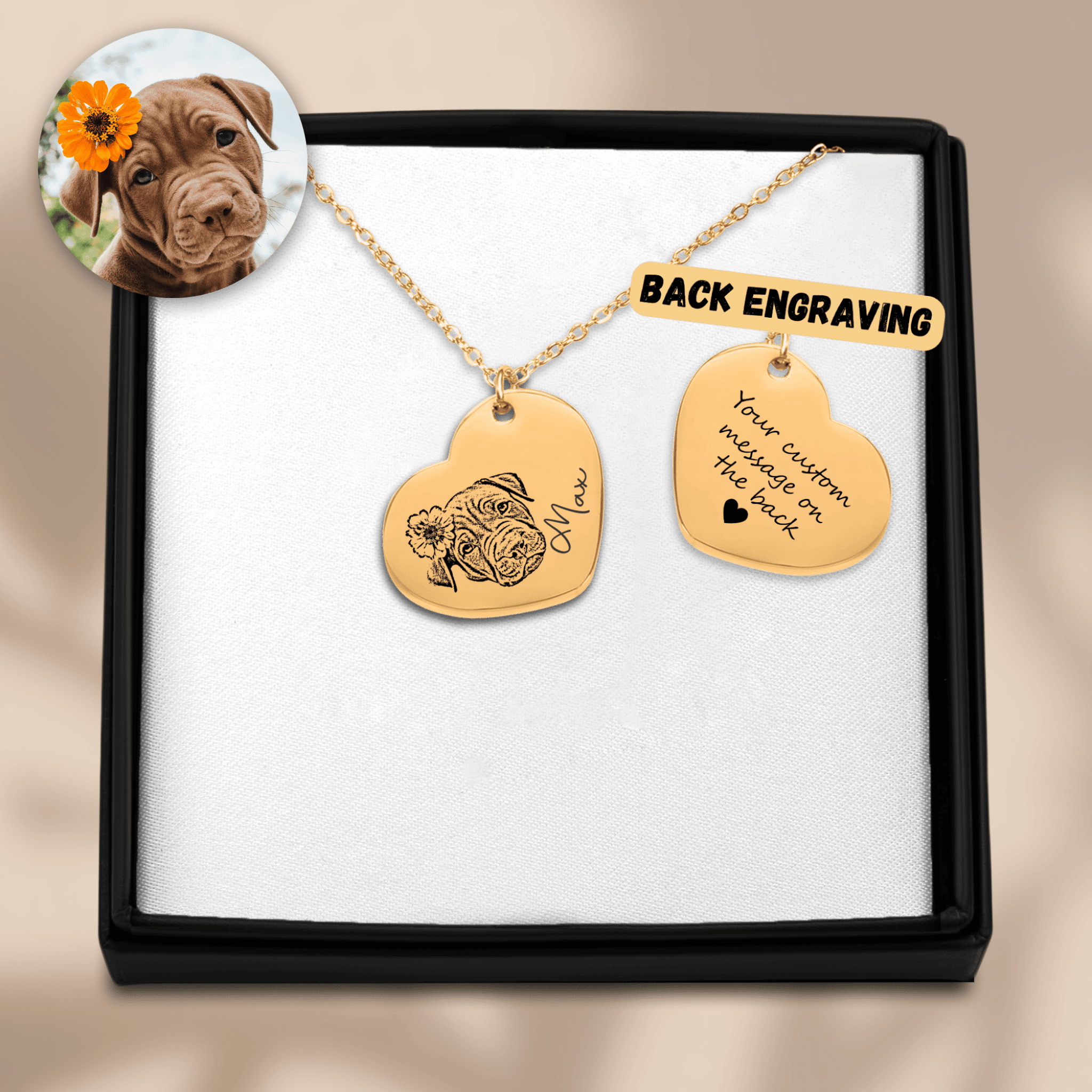 Pet Portrait Heart Necklace — personalized pet keepsake, detail view 2