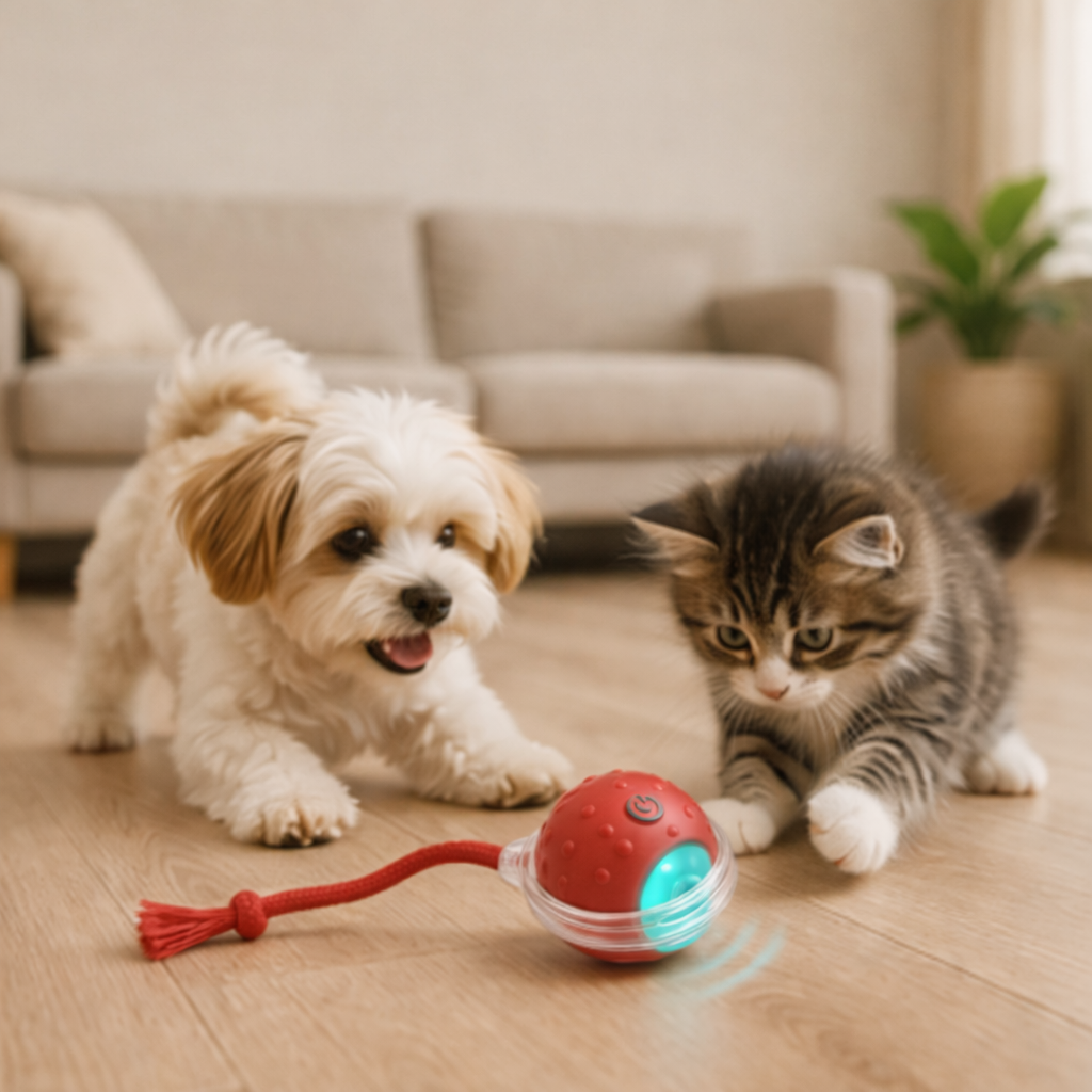 interactive ball toy for cats and dogs with auto motion in a living room play scene