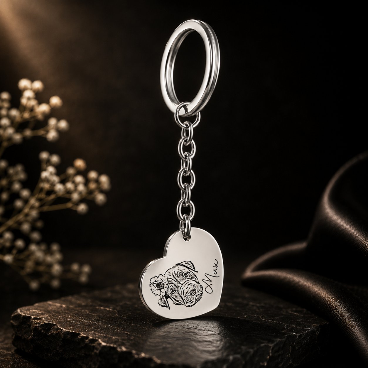 Pet Portrait Heart Keychain custom pet accessory detail view 15