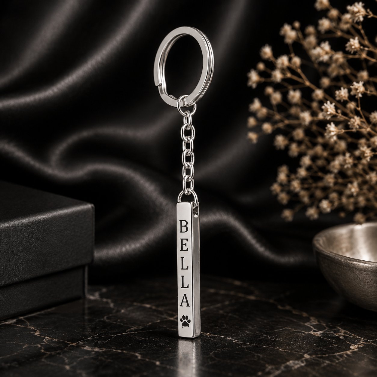 Pet's Name & Paw Print Vertical Bar Keychain custom pet accessory by Paws-4-Joy