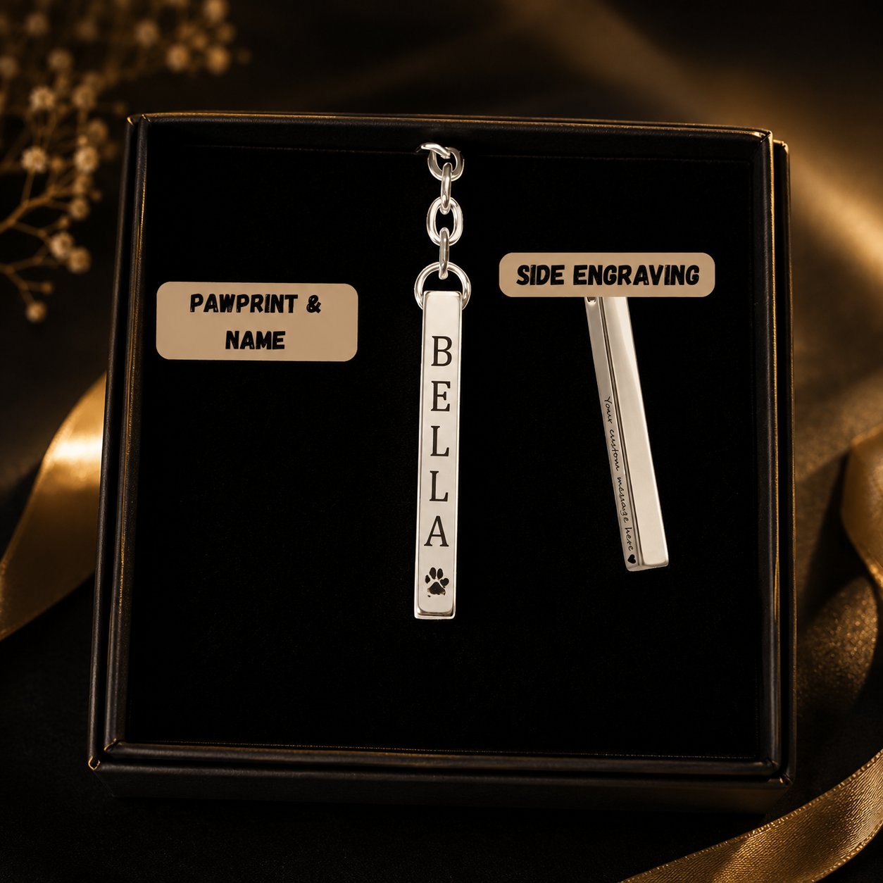 Pet's Name & Paw Print Vertical Bar Keychain custom pet accessory detail view 9