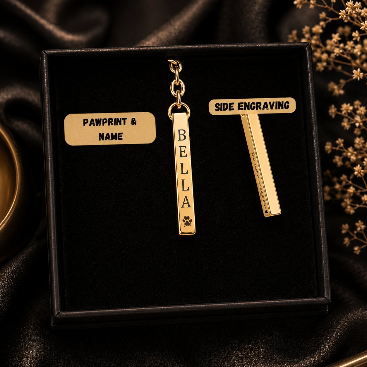 Pet's Name & Paw Print Vertical Bar Keychain custom pet accessory detail view 12