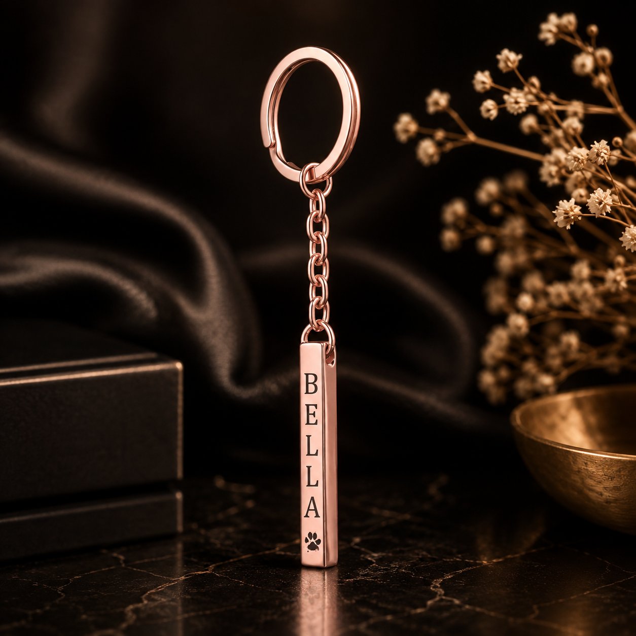 Pet's Name & Paw Print Vertical Bar Keychain custom pet accessory detail view 13
