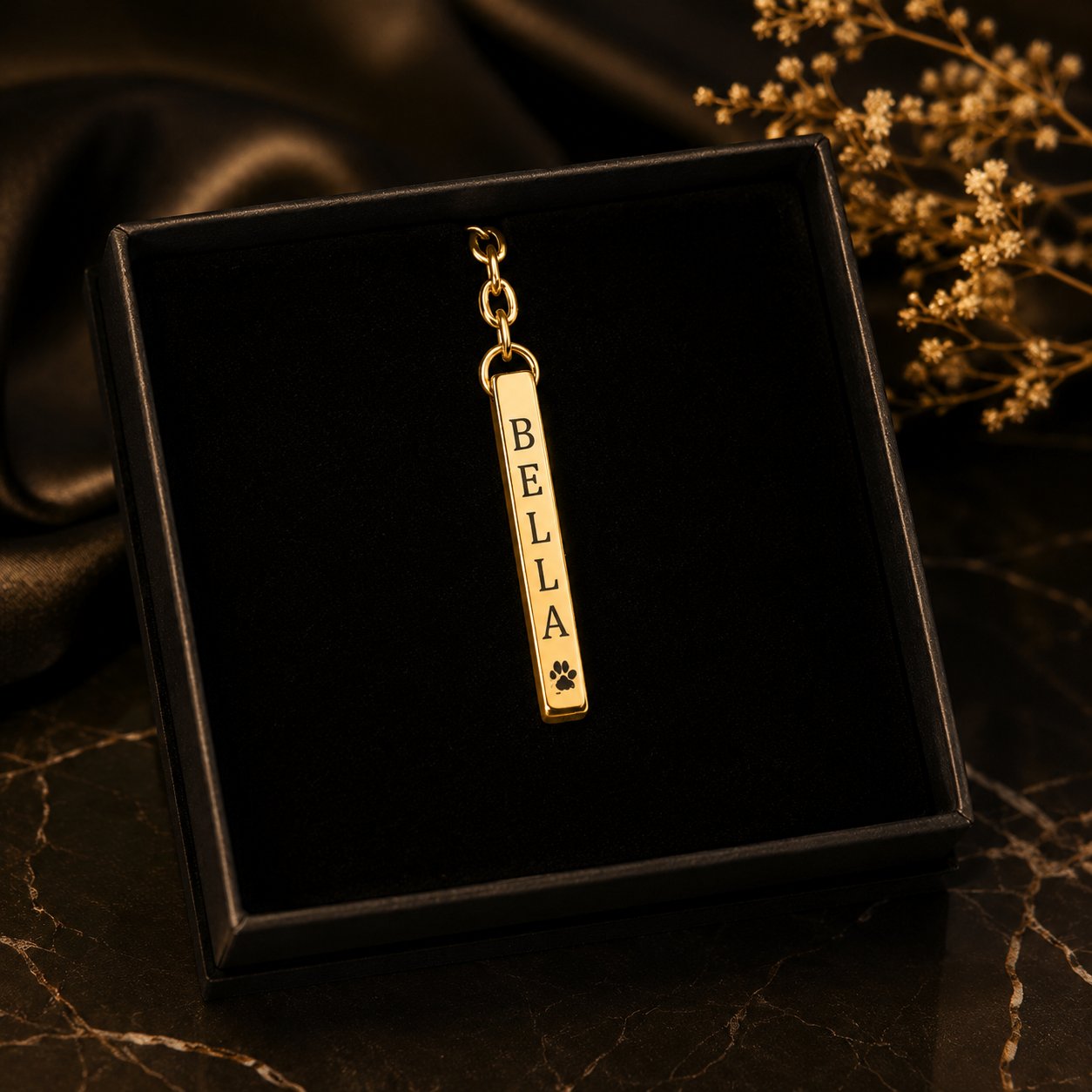 Pet's Name & Paw Print Vertical Bar Keychain custom pet accessory detail view 14