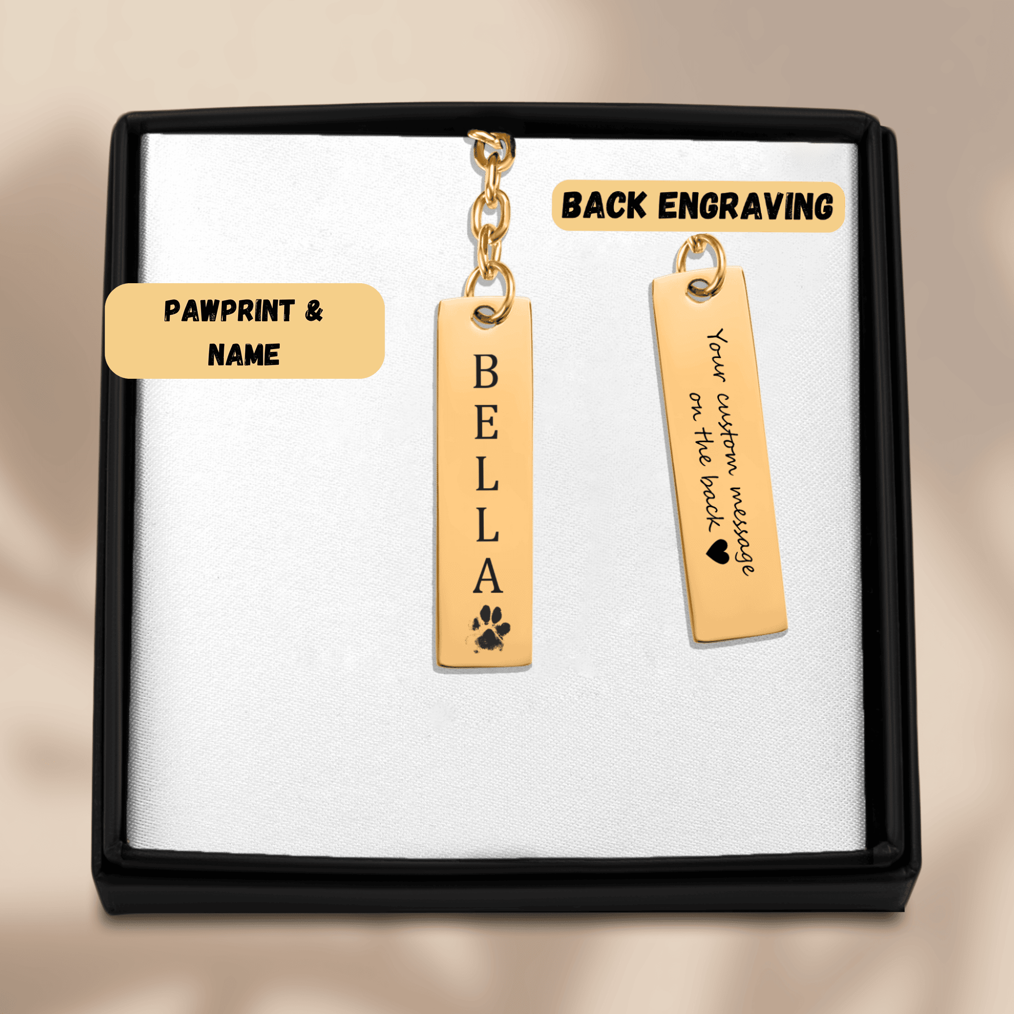 Pet's Name & Paw Print Vertical Bar Keychain — personalized pet keepsake, detail view 2