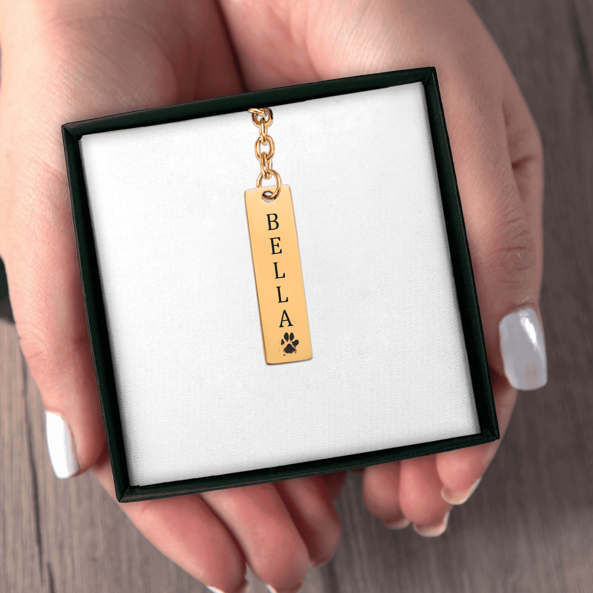 Pet's Name & Paw Print Vertical Bar Keychain — personalized pet keepsake, detail view 6