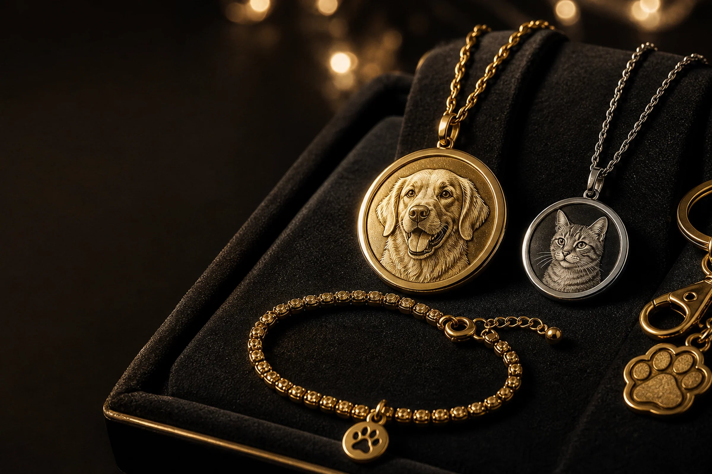 Premium gold pet portrait necklaces and bracelet on a dark jewelry tray