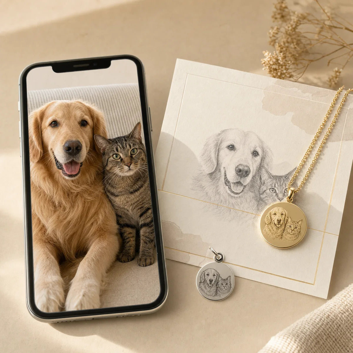 Pet photo and personalized jewelry details prepared for engraving