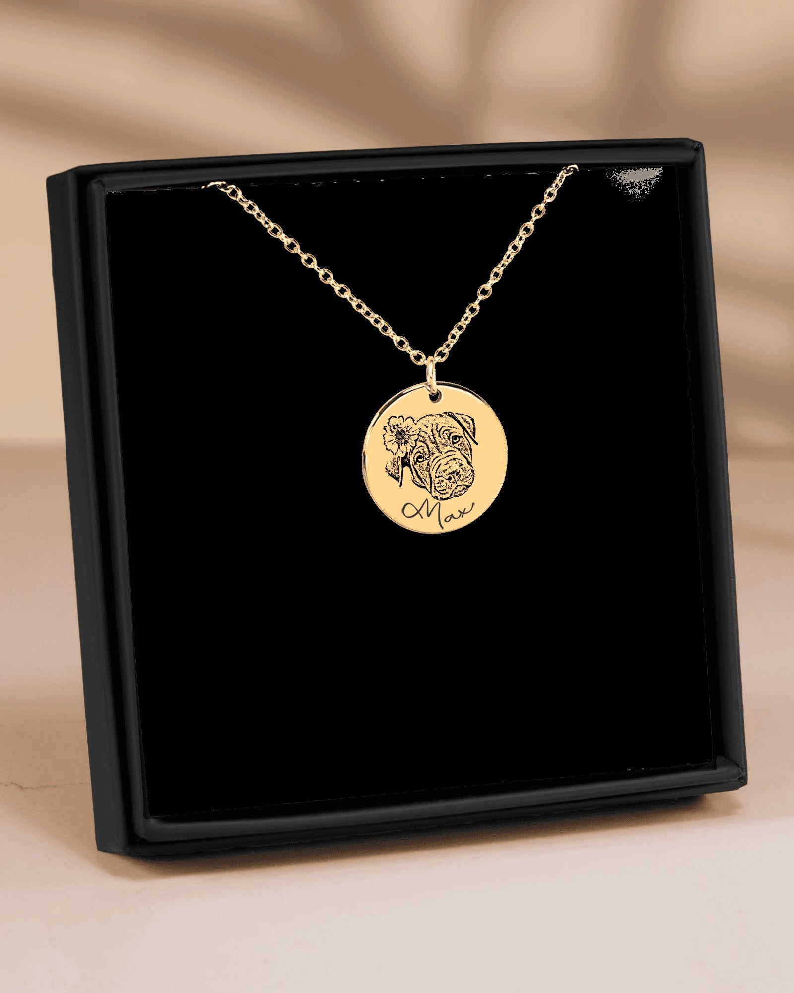 Personalized engraved pet necklaces with dog and cat portrait details