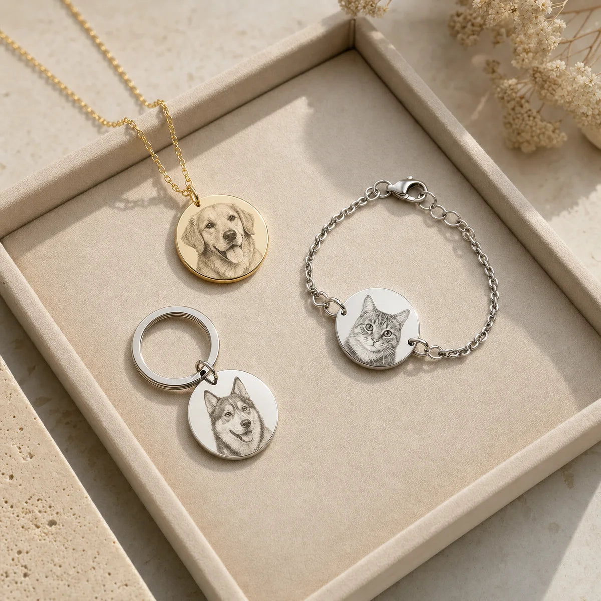 Personalized pet jewelry options including necklace bracelet and keychain