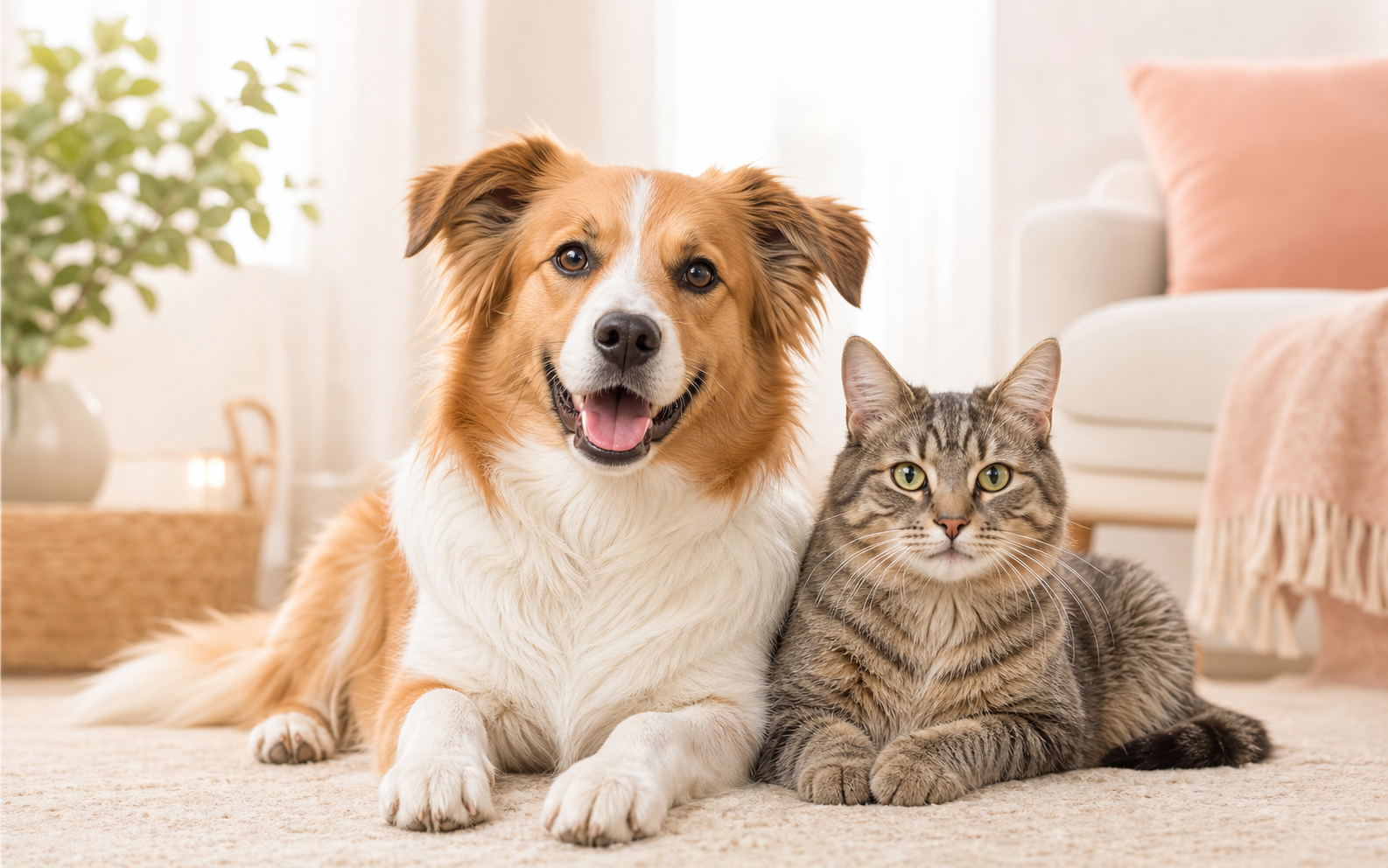 Happy dog and cat resting together in a bright, warm home